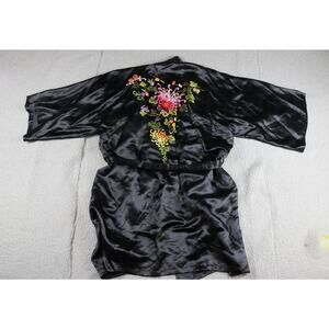 Golden Dragon Silk Robe Black One Size Hand Floral Embroidery Kimono Vintage